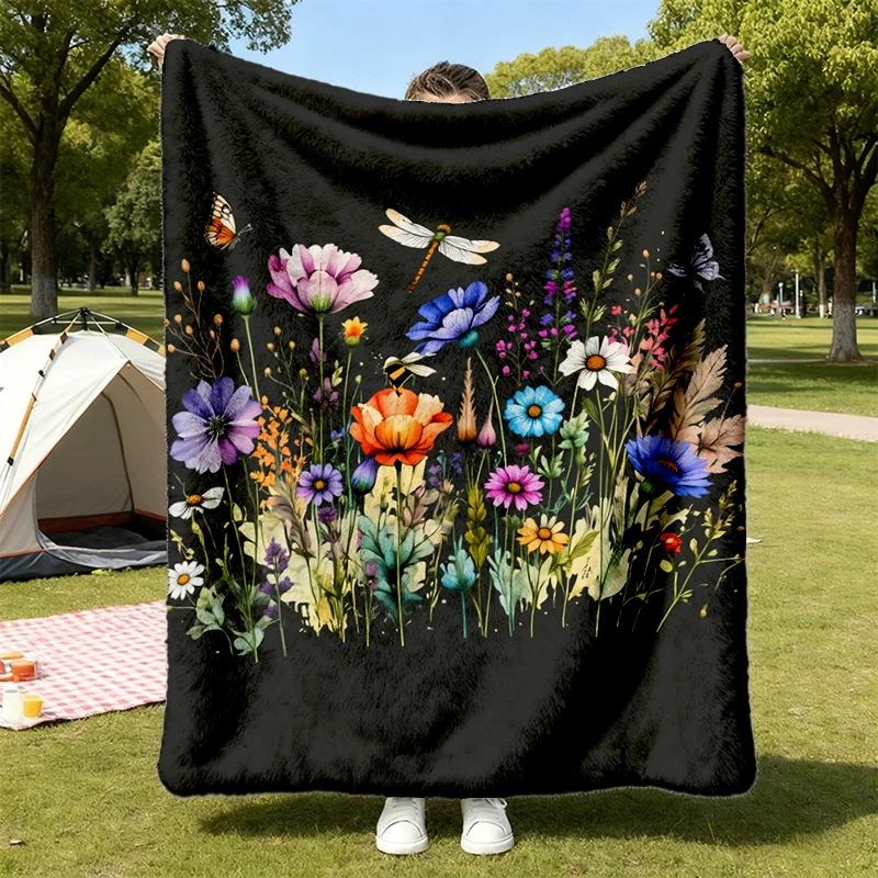 Boho Wildflower Flannel Blanket, Vintage Pressed Botanical Throw, Cottagecore Garden Lover Gift