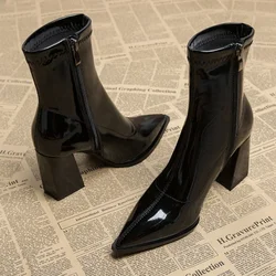 2024 Hot Sale Shoes Female Zipper Winter Women's Boots Pointed Toe Solid Plus Velvet Warm Short Barrel High Heels British Boots