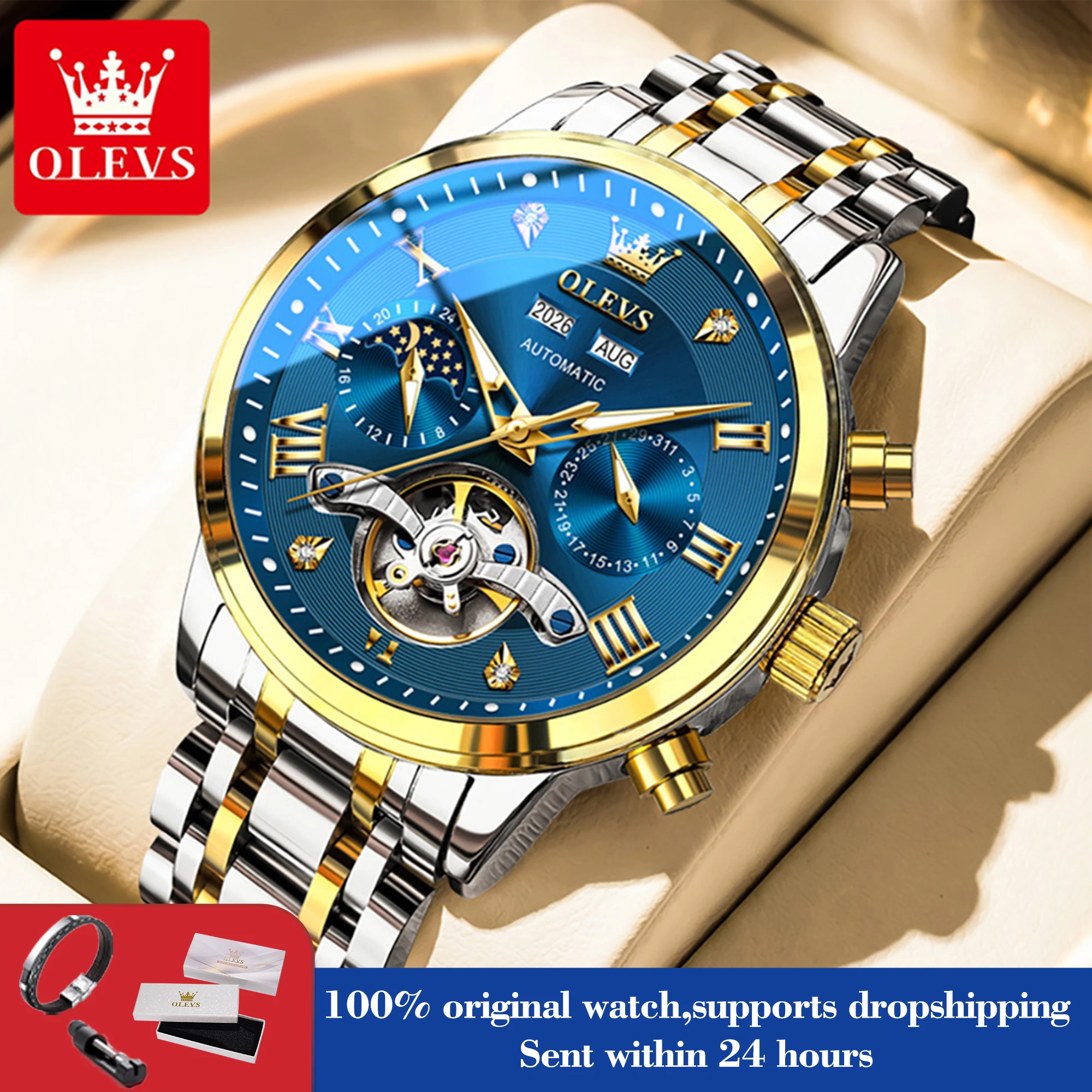 OLEVS 6763 Luxury Mens Watch Original Moon Phase Skeleton Mechanical Watches For Men Calendar Waterproof Stainless Steel Watch