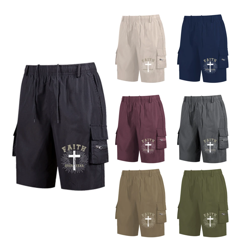 

Summer Men's Black Cargo Shorts with Pockets "FAITH" Cross Graphic Print Drawstring Waist Outdoor Casual Streetwear Half Pants