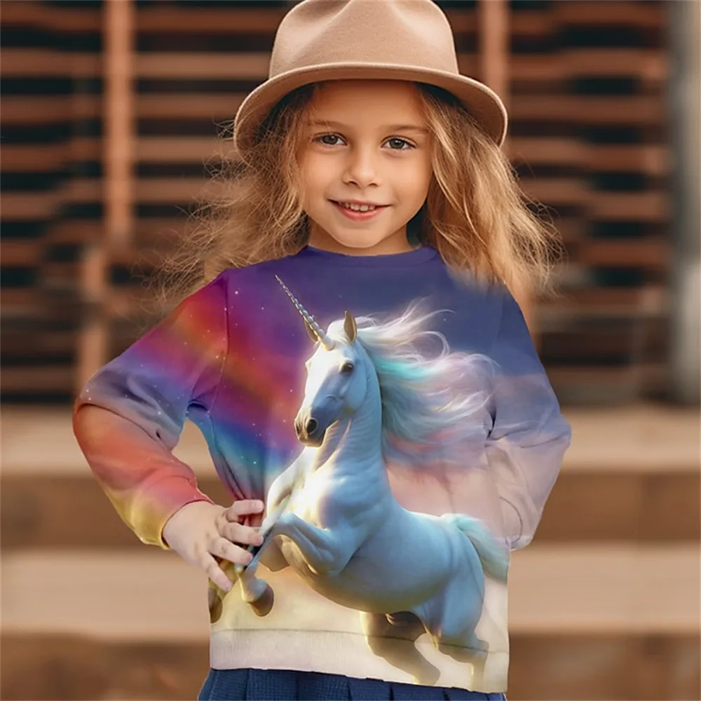 Cartoon unicórnio poliéster para meninas, roupas de manga comprida, tops casuais infantis, roupas de bebê, moda infantil, envio de 5 dias