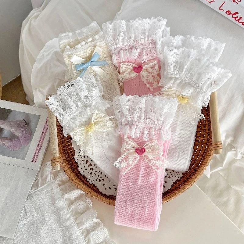 Mädchen-Lolita-Spitzensocken, mittellange Socken mit Rüschen, Herzschleife, niedliche Baumwollsocken, japanische süße Prinzessinnensocken für Kinder