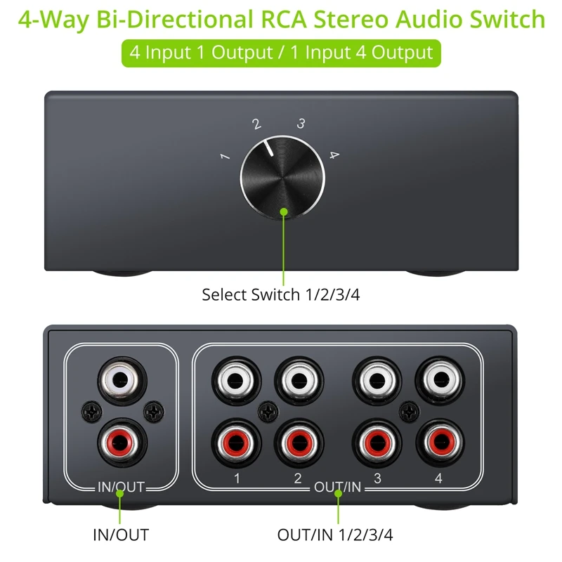 4 Way Bi-direcional RCA Stereo Audio Switch, 1 em 4 Out ou 4 em 1 Out L/R Jack, Sound Channel, Audio Switcher Selector