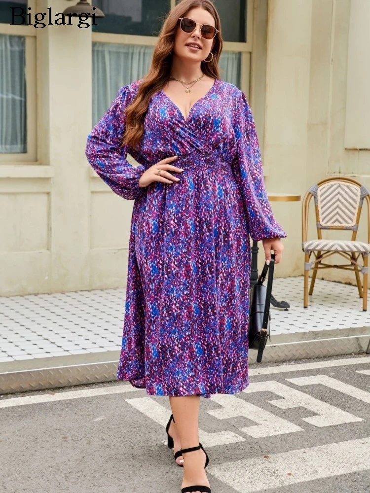 Plus Size Autumn V-Neck Ruffle Dress Women Loose Pleated Fashion Floral Print Ladies Dresses Long Sleeve Casual Woman Dress