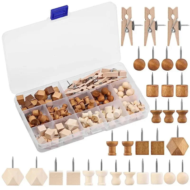 114Pcs Wooden Push Pins Decorative Thumb Tacks for Cork Board Photos Documents Drawings Maps Office DIY Craft