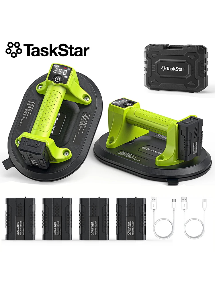 TaskStar 10-Zoll-Glassaugnäpfe (2er-Pack) Tragbarer elektrischer Vakuumheber mit LED-Anzeige & 4 3,0-Ah-Batterien, 550 LBS Tragfähigkeit, Hebeausrüstung zum Heben von Fliesen, Glas und poliertem Stein