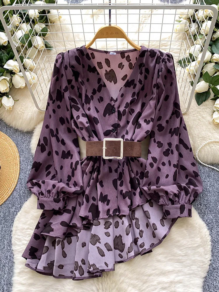 

Новая модная женская рубашка с уникальным асимметричным леопардовым принтом, приталенный топ с длинным рукавом и клетчатым узором C423