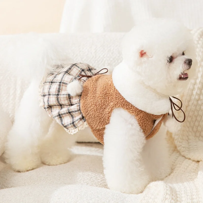 Winter Warm Dog Dress Fashion Dog Clothes with Scarf Soft Plush Puppy Skirt Cute Plaid Cat Princess Dress Pet Coat Dog Costumes