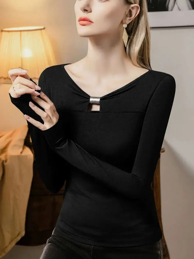 여성 모달 T 셔츠 새로운 패션 중공 V 넥 탑 한국 캐주얼 긴 소매 T 셔츠