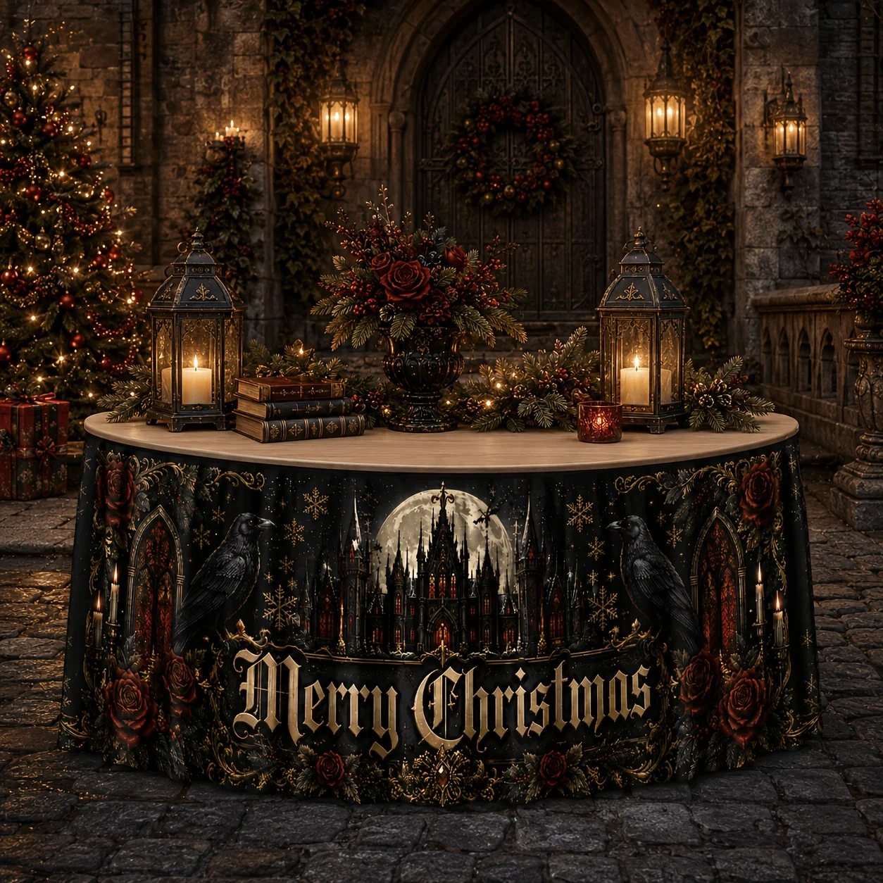 Tablecloth table skirt 1 piece, Gothic style, Happy Christmas tablecloth, black castle, crow, red rose, candleszyc