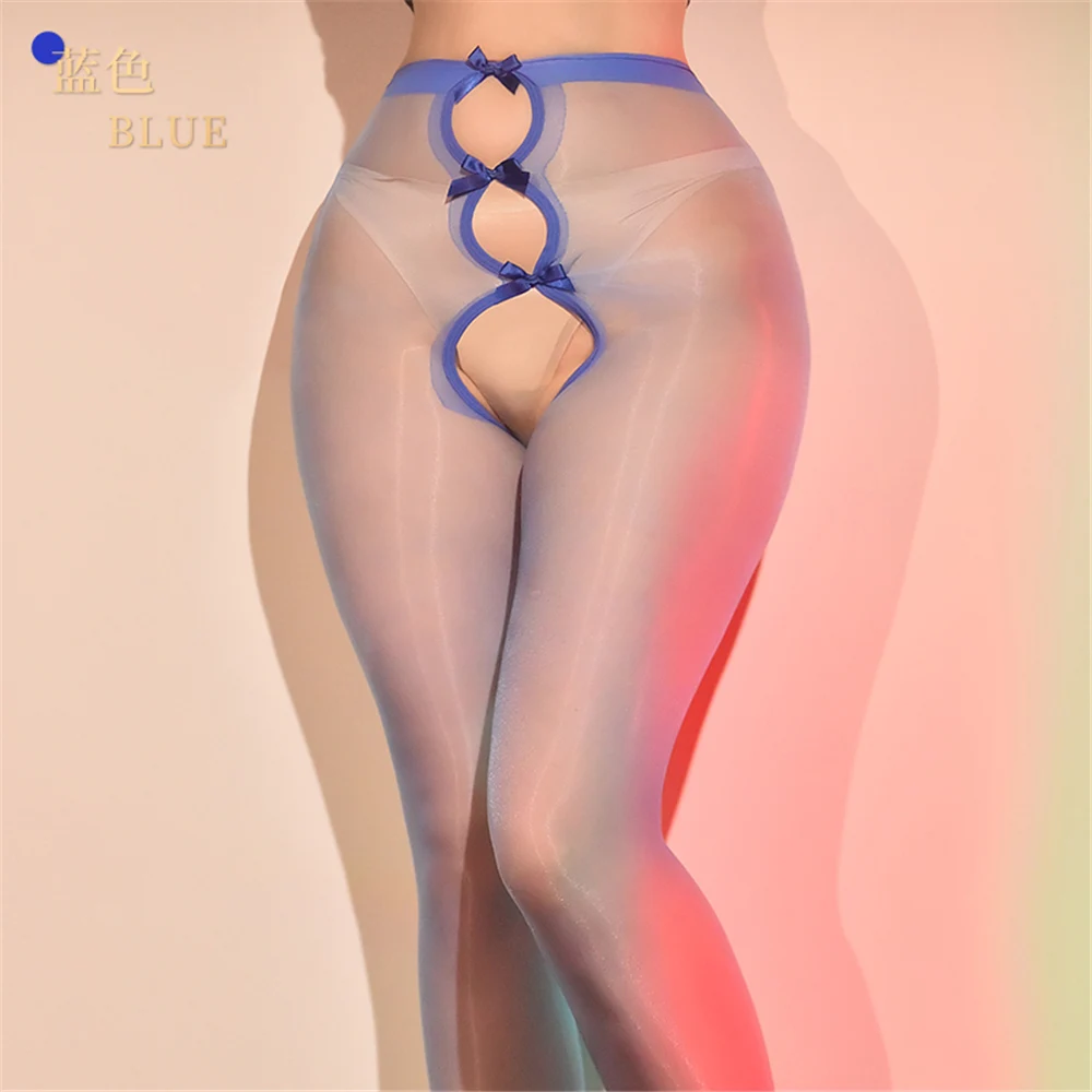Sexy Women Thin Oil Shiny Glossy Pantyhose Bow Hollow Tights Stockings Open Crotch Allure Vintage Maid Shaping Exotic Underwear