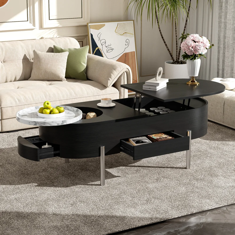 

Lift Top Coffee Table with 360-degree Marble-patterned rotating tray,Hidden Compartment,Oval Lift Tabletop for Home Living Room