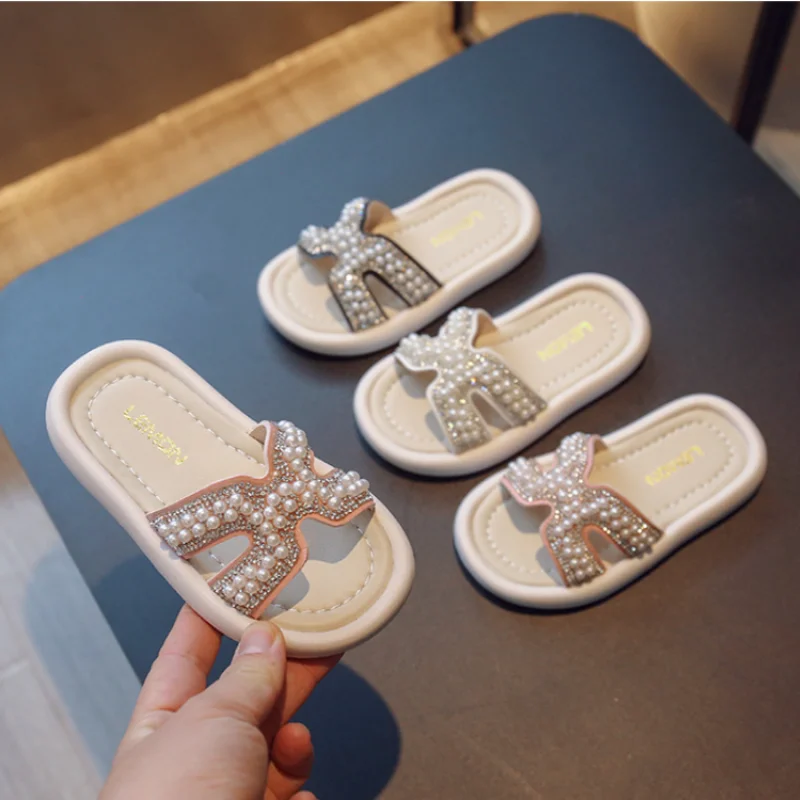 

New Children Summer Slippers Beading Pearl Sewing Patchwork Girl's Sliders Black White Elegant 21-35 Stylish Kids Shoes