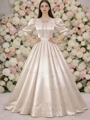 ivory Women's Party Gown Puff Half Sleeves Prom Dress With Sashes A-line Taffeta Evening Dress Wedding banquet Customized
