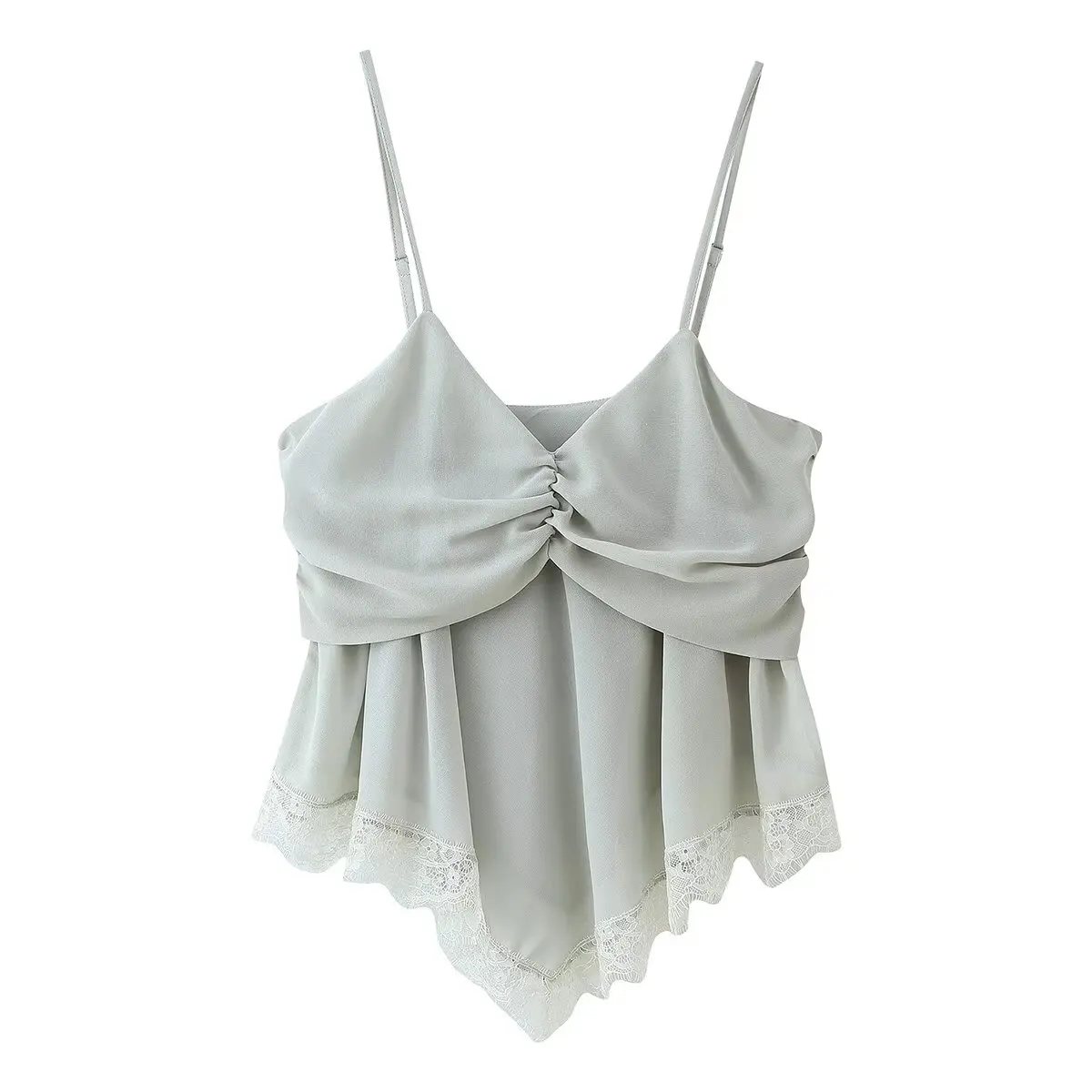 Sexy Women Ruched V Collar Lace Asymmetry Hem Camisole Women Pleated Side Zipper Chiffon Tank Tops Crop Top Camis Gray Black
