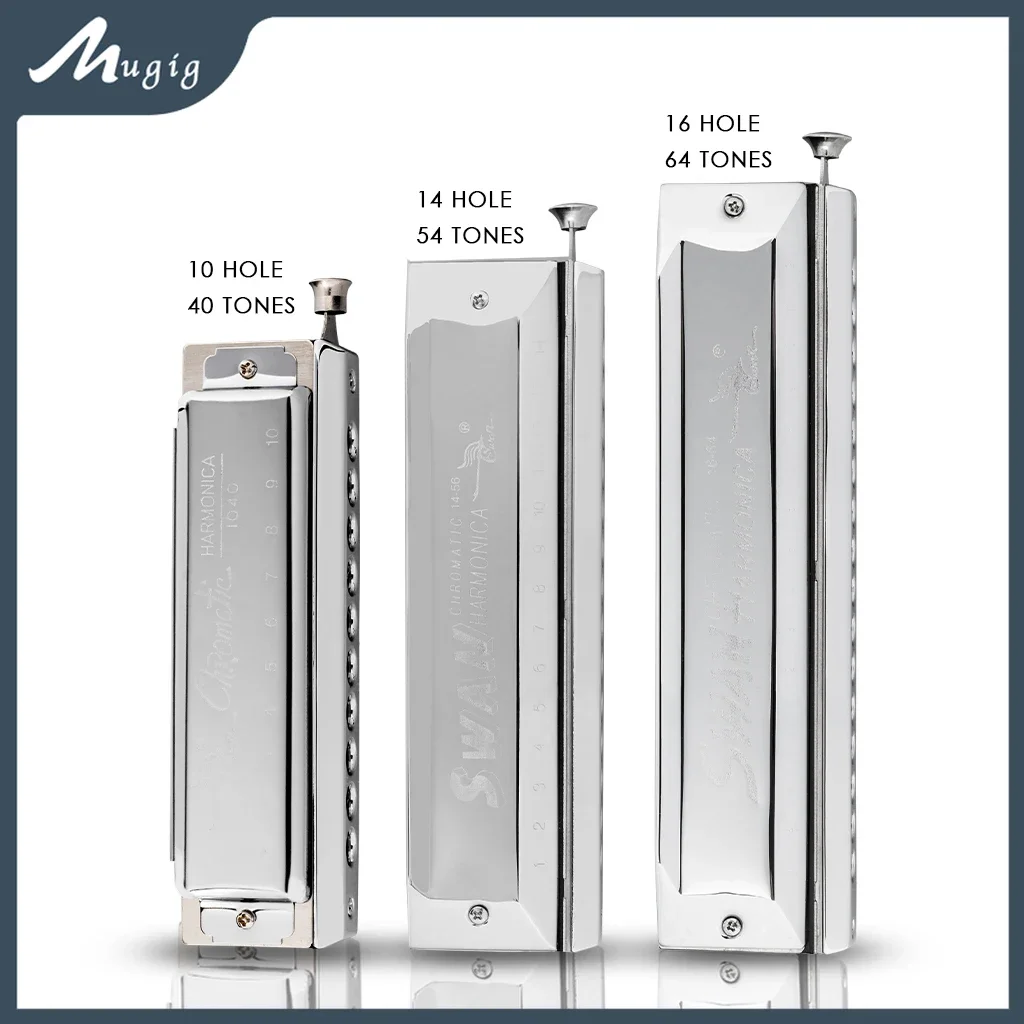 Armónica cromática Mugig Swan, 10/14/16 agujeros, 40/56/64 tonos, cubierta de acero inoxidable con deslizamiento de ingeniería de precisión para principiantes