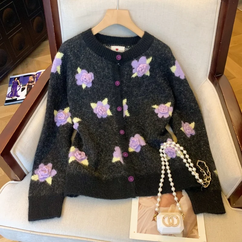 Maglione cardigan lavorato a maglia gotico nero da donna maglione vintage anni 2000 Y2k maniche lunghe maglione di cashmere fiore 3D abiti autunno inverno