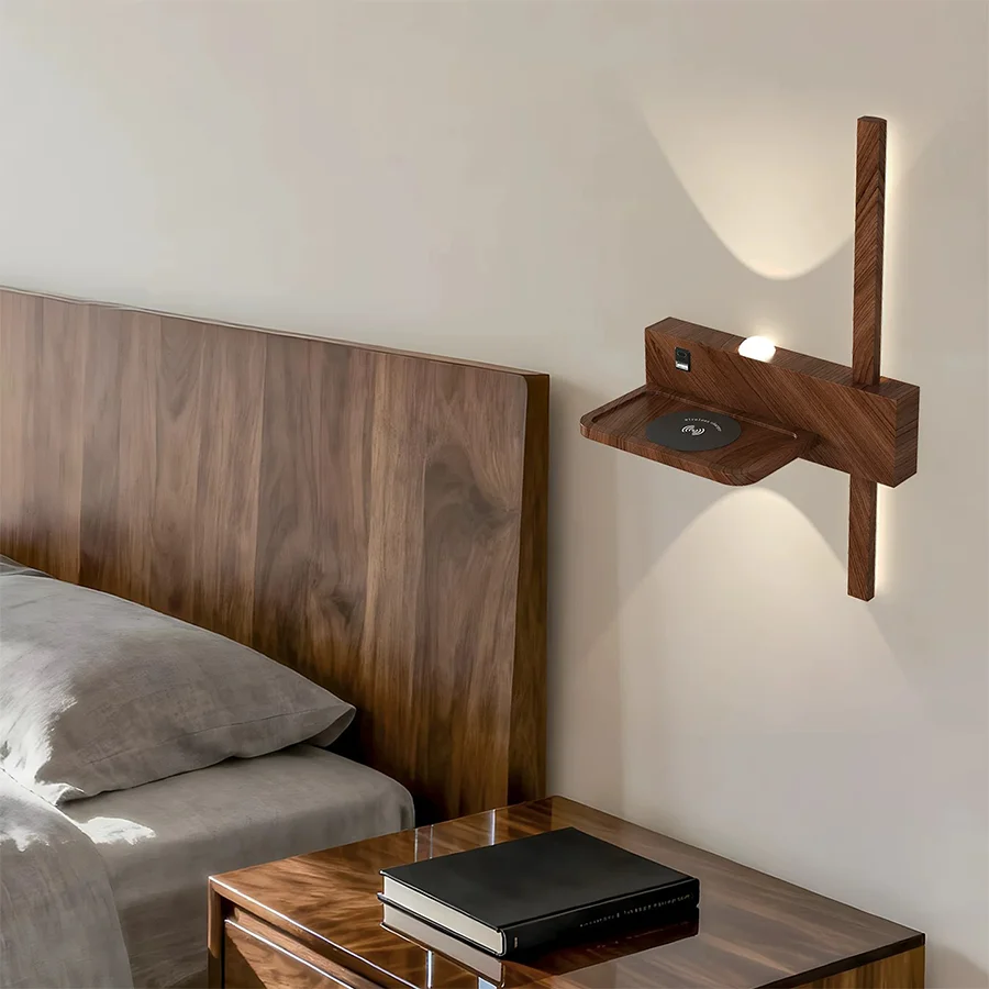 Mid-Century Walnut Wood Grain LED Wall Lamp Eye-Friendly Bedside Light with Wireless Charging Creative Decor Sconce