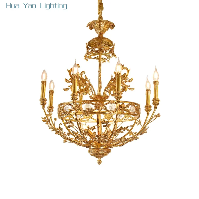 European Dining Room Retro Brass Hanging Pendant Lamps French Crystal Villa Entryway Corridor Stair Copper Suspension Chandelier