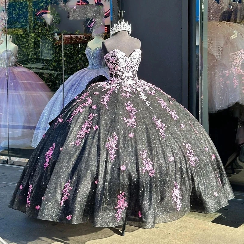 Vestidos de Quinceañera de princesa negra brillante, vestido de baile, escote Corazón, apliques de lentejuelas, dulce 16, 15 Años, mexicano