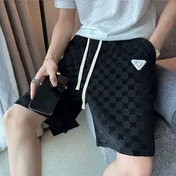 Daily Fashion Plaid Straight Casual Shorts Men's Solid Color Loose All-match 2024 Summer Elastic Drawstring Patch Designs Pants