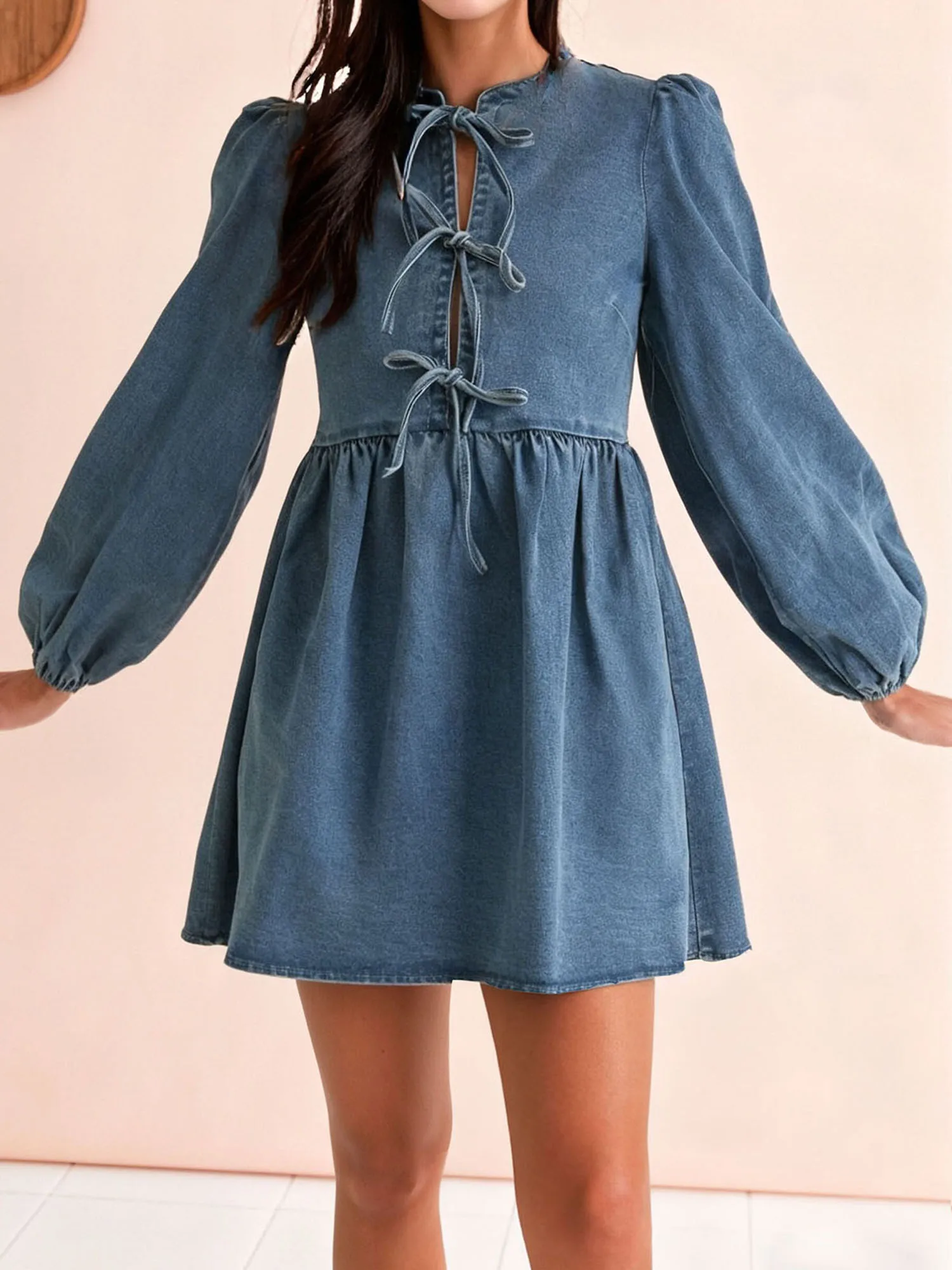 Robe en jean à manches longues pour femmes, avec nœud papillon sur le devant, col rond et Silhouette trapèze, élégante, couleur unie, coupe ample, Mini robe