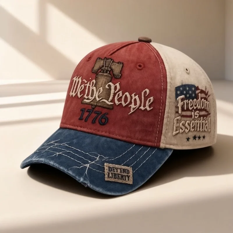 "We the People" embroidered baseball cap - Red-beige fabric, blue brim with "DEFEND LIBERTY" emblem, vintage wood grain surface - view 4