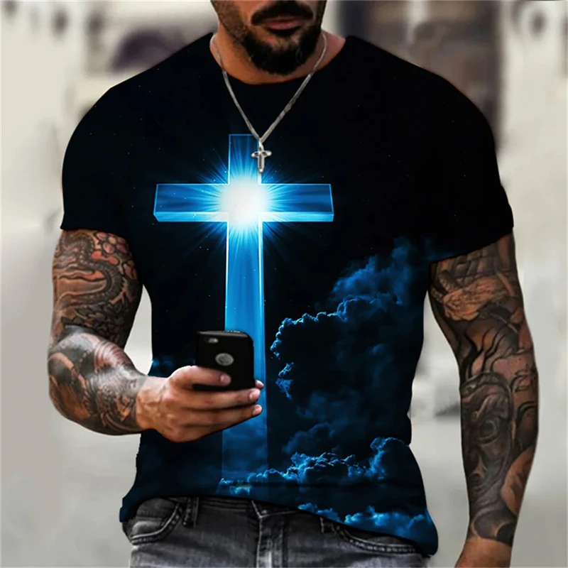 

Christian Men Clothing T Shirts Oversized T-shirt Gothic Jesus Christ Cross 3D Print O-neck Tops Vintage Personality Unisex Tees