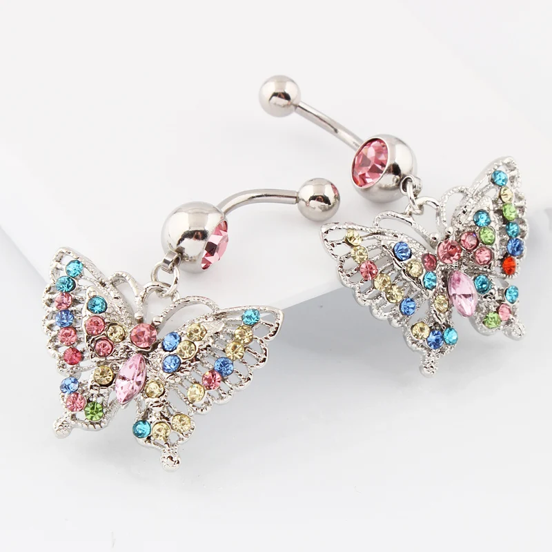 Multi-colored butterfly navel ring lady fashion body piercing jewelry Retail belly bar 14G 316L surgical steel bar Nickel-free