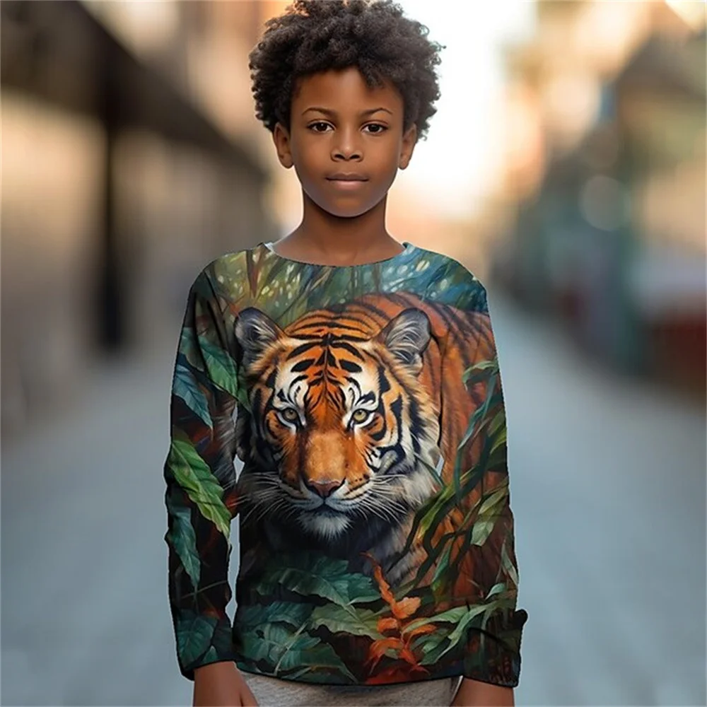 Clothing For Boys Leaf Tiger Animal Monkey Print Long Sleeve Top For Children T-Shirt Teenagers 2023 Autumn Girls Tshirt Kids