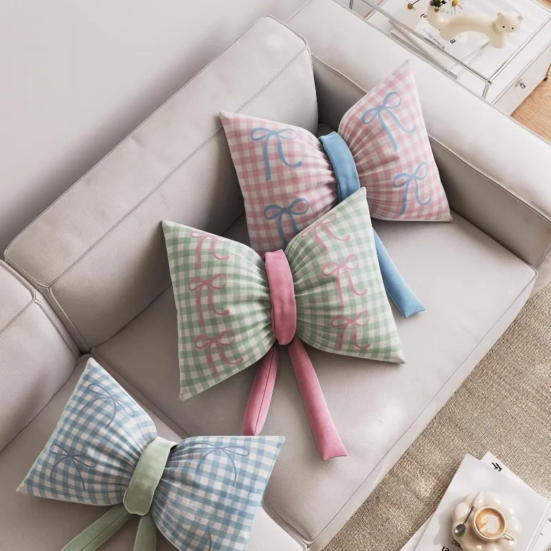 Bowknot Pillows Cartoon Shape Cushion Fresh Blue Pink Green Check Decorative Pillow For Sofa Bedding Home Decoration