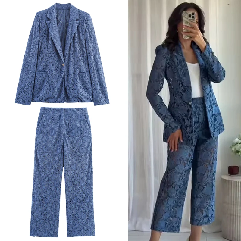 

Women Lace Pants 2 Piece Set Fashion Sheer Lapel Long Sleeve Blazer Straight Pants 2025 Elegant Chic Commute Women's Suit ﻿