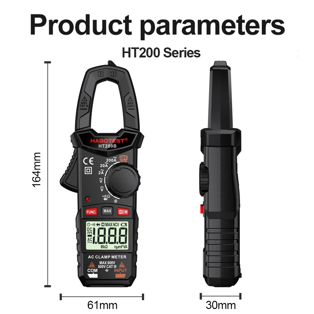 HABOTEST HT200 Digital Clamp Meter T-RMS 2000 Counts Multimeter AC/DC Voltage Tester Auto-ranging Current Capacitance Voltmeter