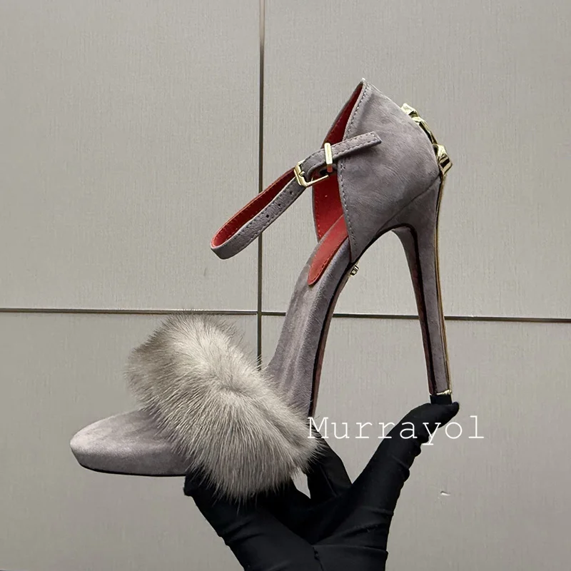 Fur Sandals Women Metal Decor Thin High Heels Shoes Open Toe Ankle Strap Sandalias Mujer Summer Sexy Party Dress Wedding Shoes view 3