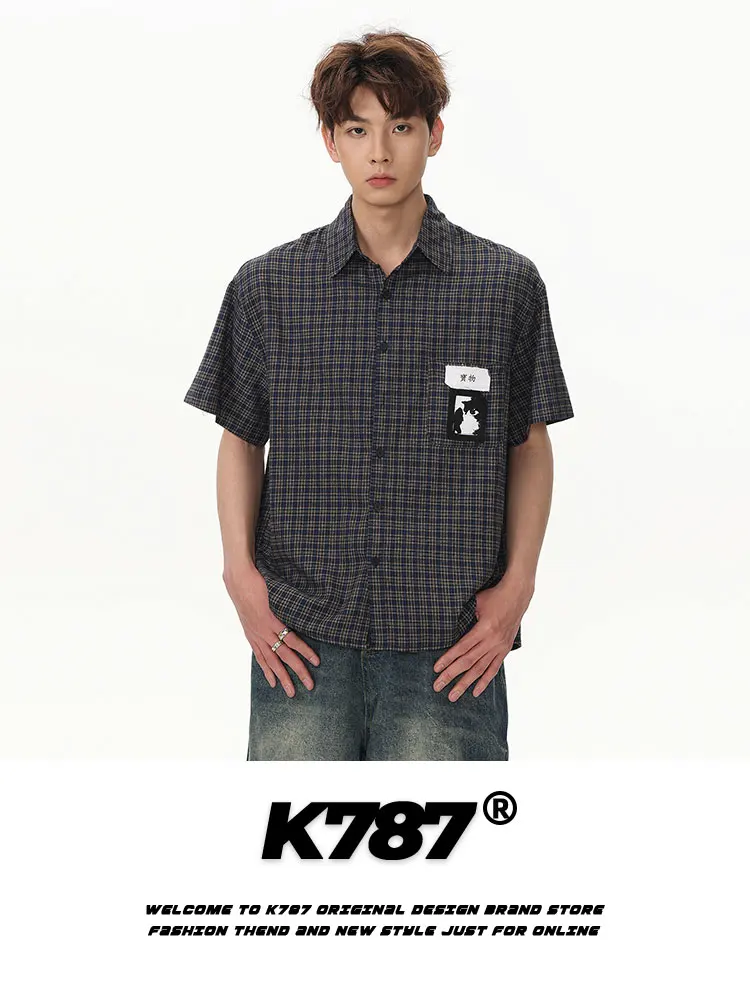 

K787 American Retro Plaid Casual ort Sve irt Loose Fit Summer Breathable Cotton Blend Boys' irt f Sve Cardigan