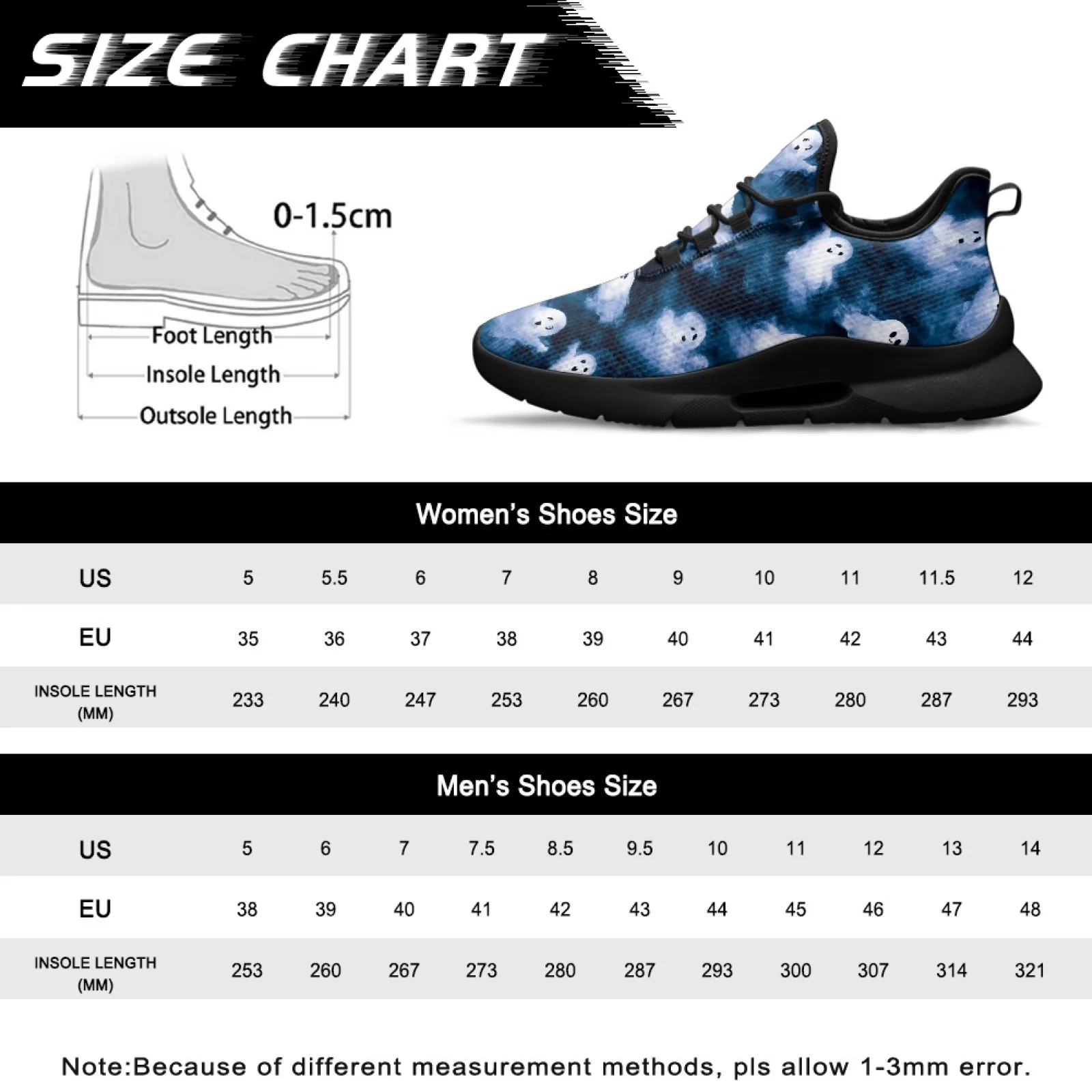 PENSTROLL Mesh & EVA Comfortable light sports shoes Lightweight Low-Top Lace-Up Shoes for Men Walking Ghost Print