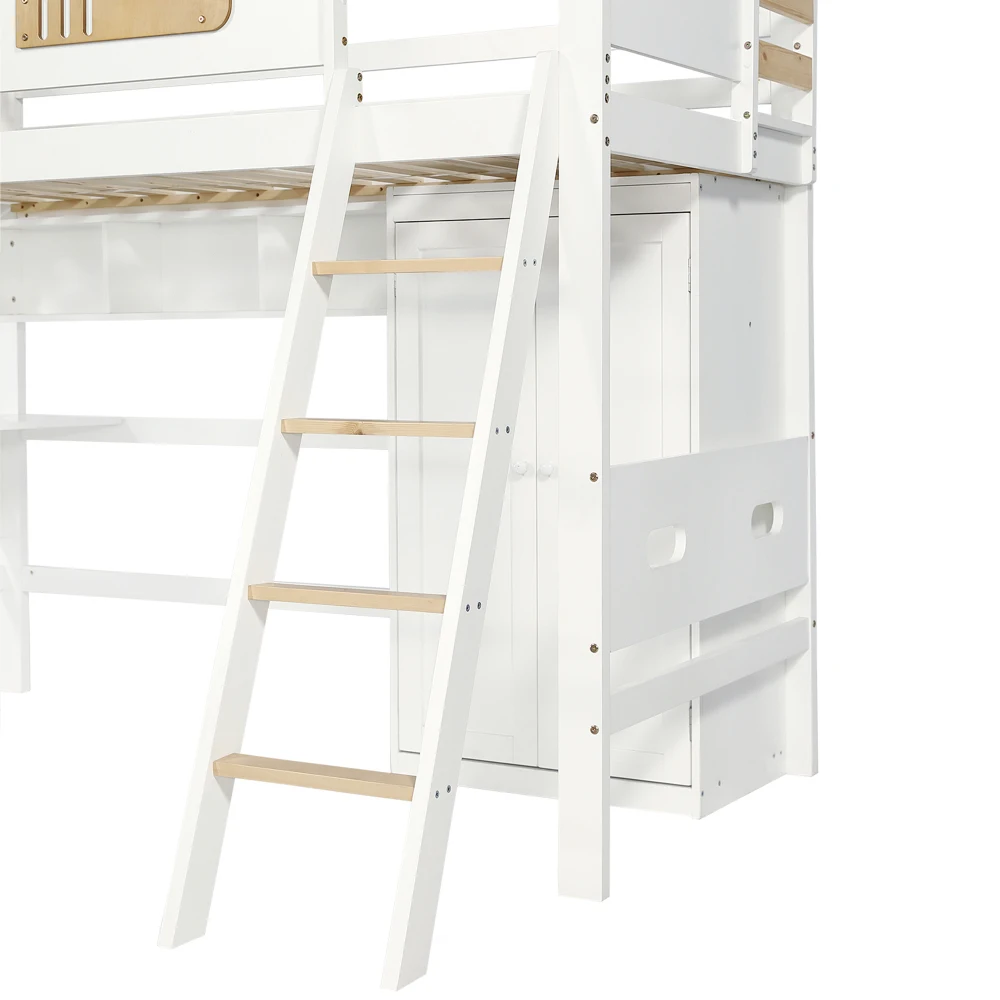 PINGGO Etagenbett für Kinder mit Fallschirmschutzgeländer, Schreibtisch, Kleiderschrank, Stauraum, 4-Stufen-Leiter, Kiefer, MDF, Sperrholz, Weiß, 90x200cm, ohne Matratze – Detail 22
