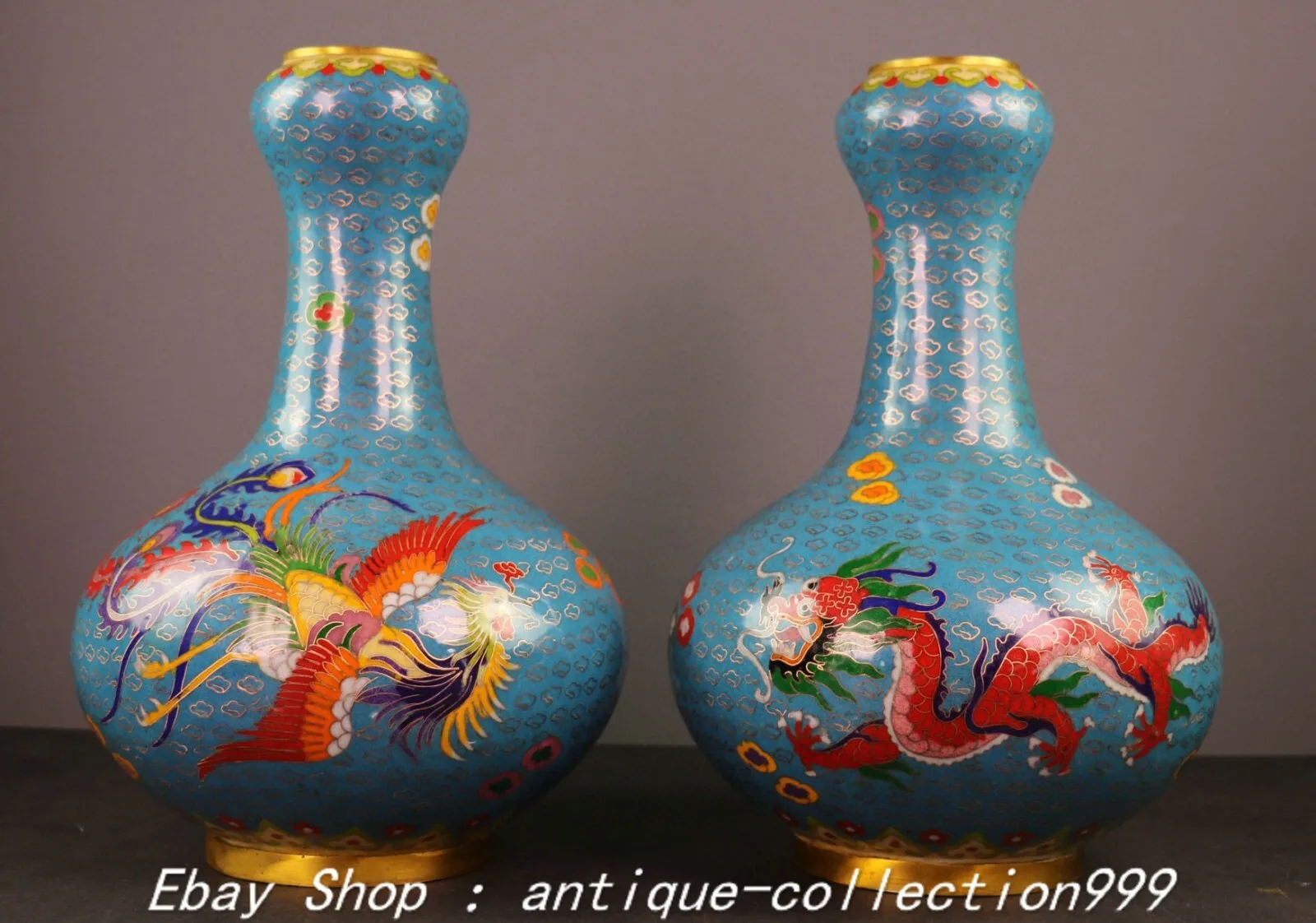 

. Inch Old Dynasty Cloisonne Enamel Bronze Gold Plated Dragon Phoenix Vase Pair -