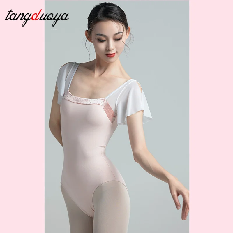 Ballet Dance Leotards For Women Ruffles Spliced Flocking Vintage Square Collar Leotards Gymnastics Yoga Skate Dancewear Swimwear