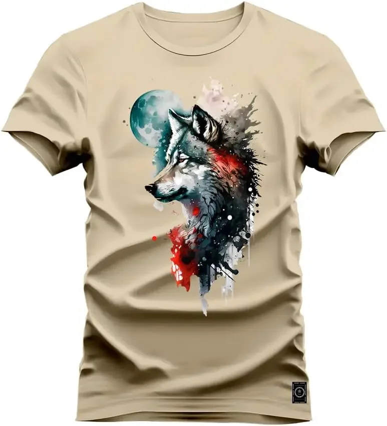 

Watercolor Wolf T-Shirt Red Blue Black Ink Splash Galaxy Moon Print Short Sleeve Cotton Tee Summer Casual Top for Men Women Stre