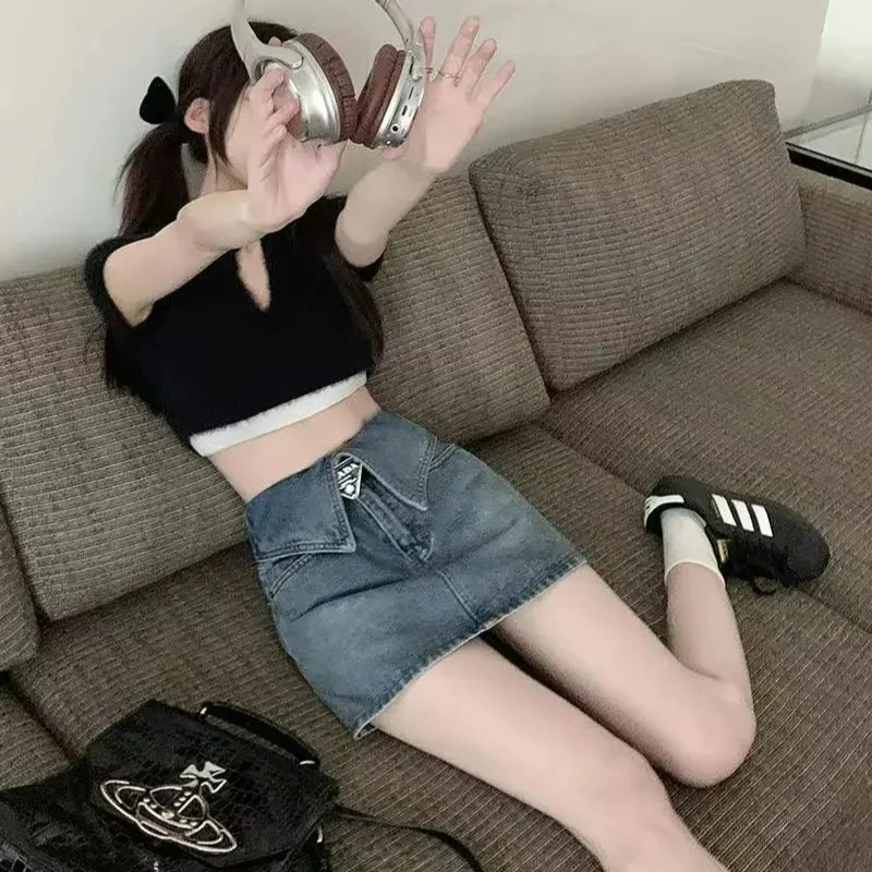 레트로 데님 미니 스커트 여성용 하이웨이스트 슬림 A라인 바디콘 반길이 여름 스커트 안감 포함 안티라이트