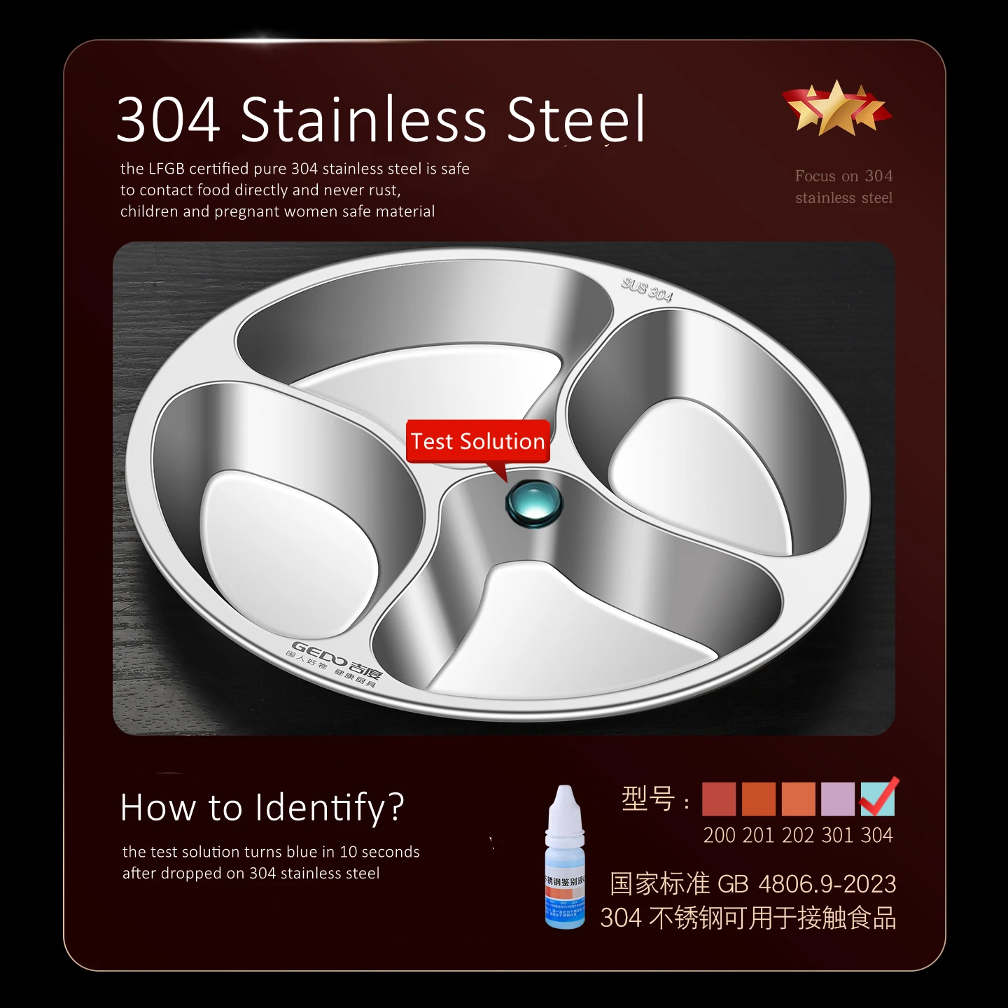24.9cm Diameter Kitchen Meal Prep Tray LFGB Certified Pure 304 Stainless Steel 4 Sections Platter for Home and Cafeteria