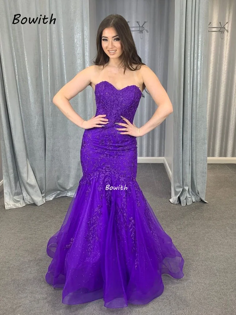 

Bowith Purple Strapless Prom Dress Mermaid Evening Dress with Applique Formal Evening Gowns Long New Year Party Dress