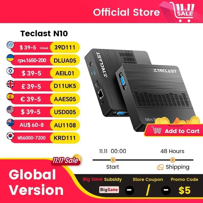 Top Teclast N10 Mini PC Intel N4000 Windows 11 Pro DDR4 6GB 128GB Dual Output 4K HD Desktop WiFi 5 Pocket MinI PC Office