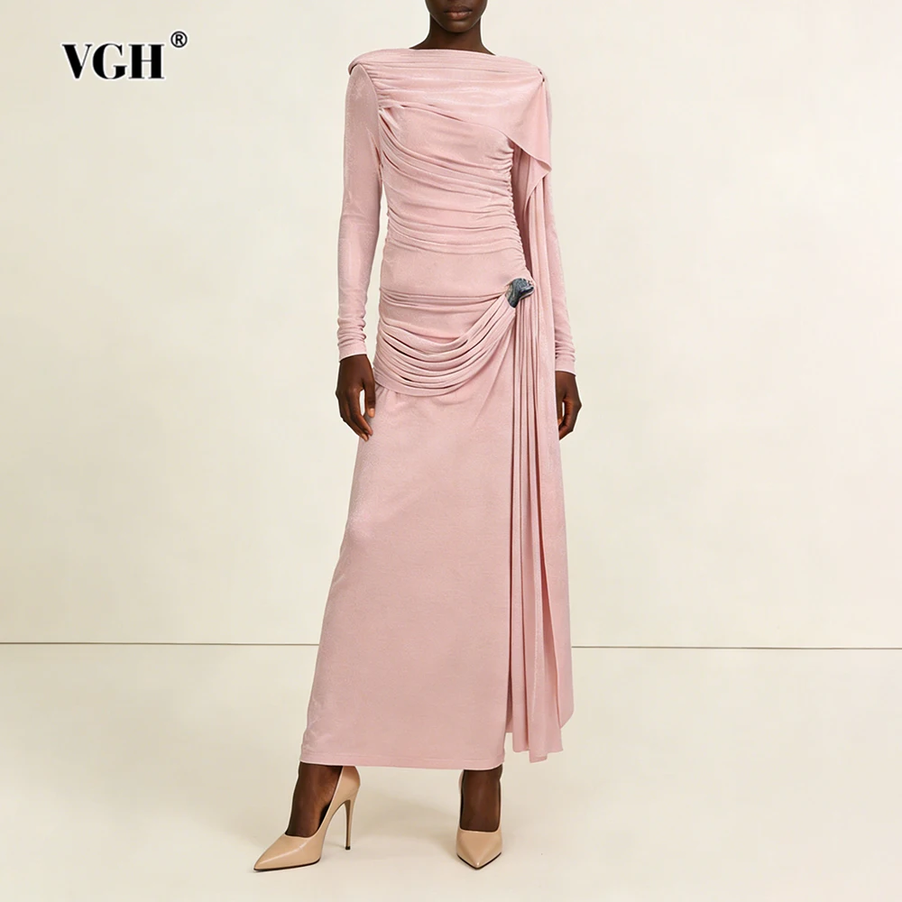 

VGH Solid Temperament Slimming Dresses For Womenn Round Neck Long Sleeve High Waist Autumn Folds Elegant Dress Female Fashion