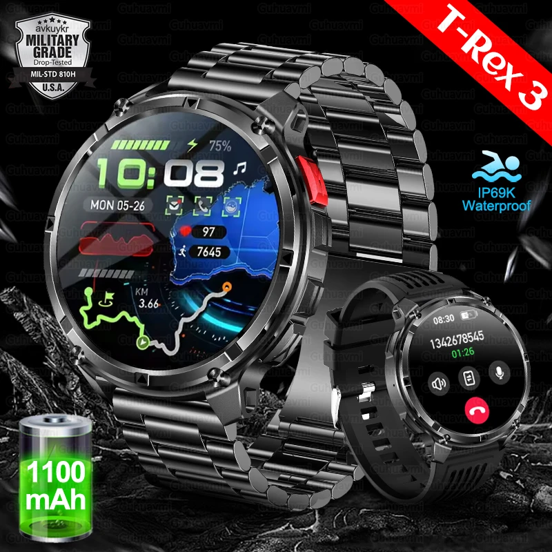 

2026New Men Military Outdoor GPS Smart Watch T-Rex3 Compass 1100mAh Battery 10ATM Waterproof HD Screen Bluetooth Call Smartwatch