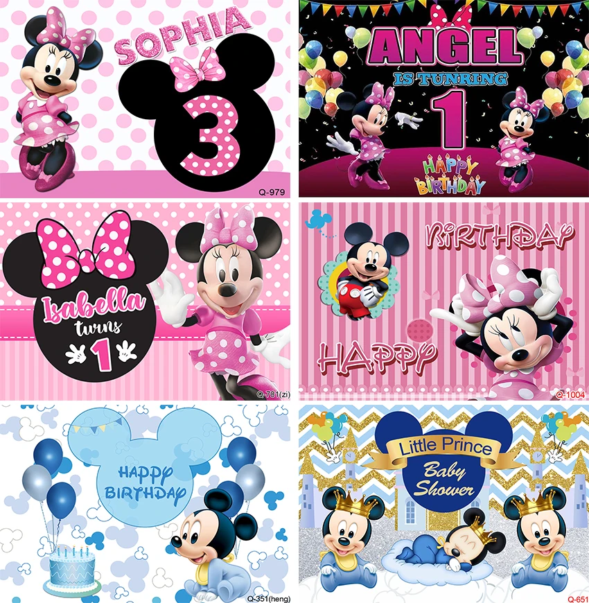 Mickey e Minnie Mouse Fotografia Backdrop para Crianças, Happy Birthday Party Banner, Baby Shower, Bolo de Mesa, Photo Background