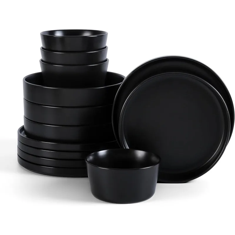 Celina Stoneware 12-Piece Dinnerware Set, Cereal and Pasta Bowls, Black, Coupe