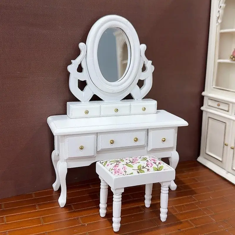 クラシックな1:12ドールハウス家具；ミニチュア化粧台、寝室用デスク、鏡とスツールのモデル