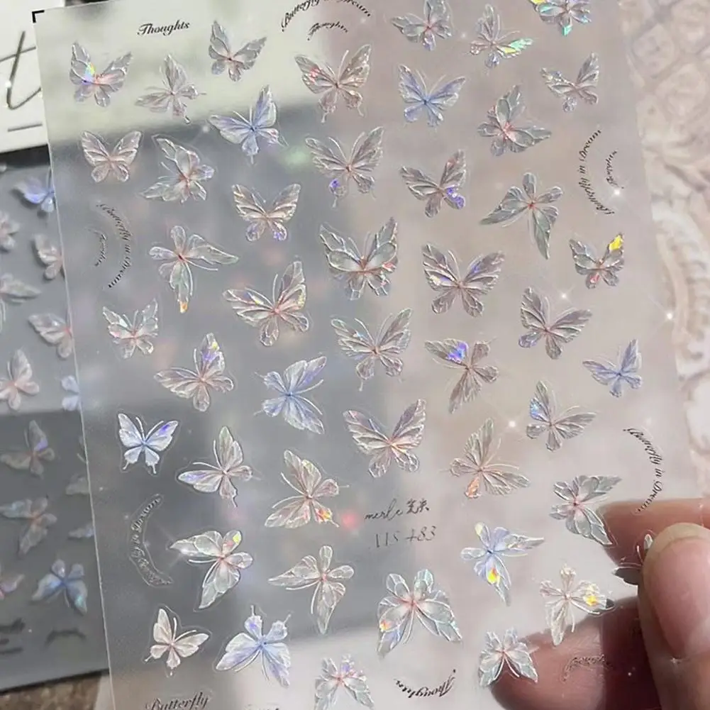 Pegatinas de mariposa para decoración de uñas, calcomanías de mariposa, decoración de uñas Aurora, calcomanías de diseño 5D para uñas en relieve, luz de concha artística DIY Mani K1H3